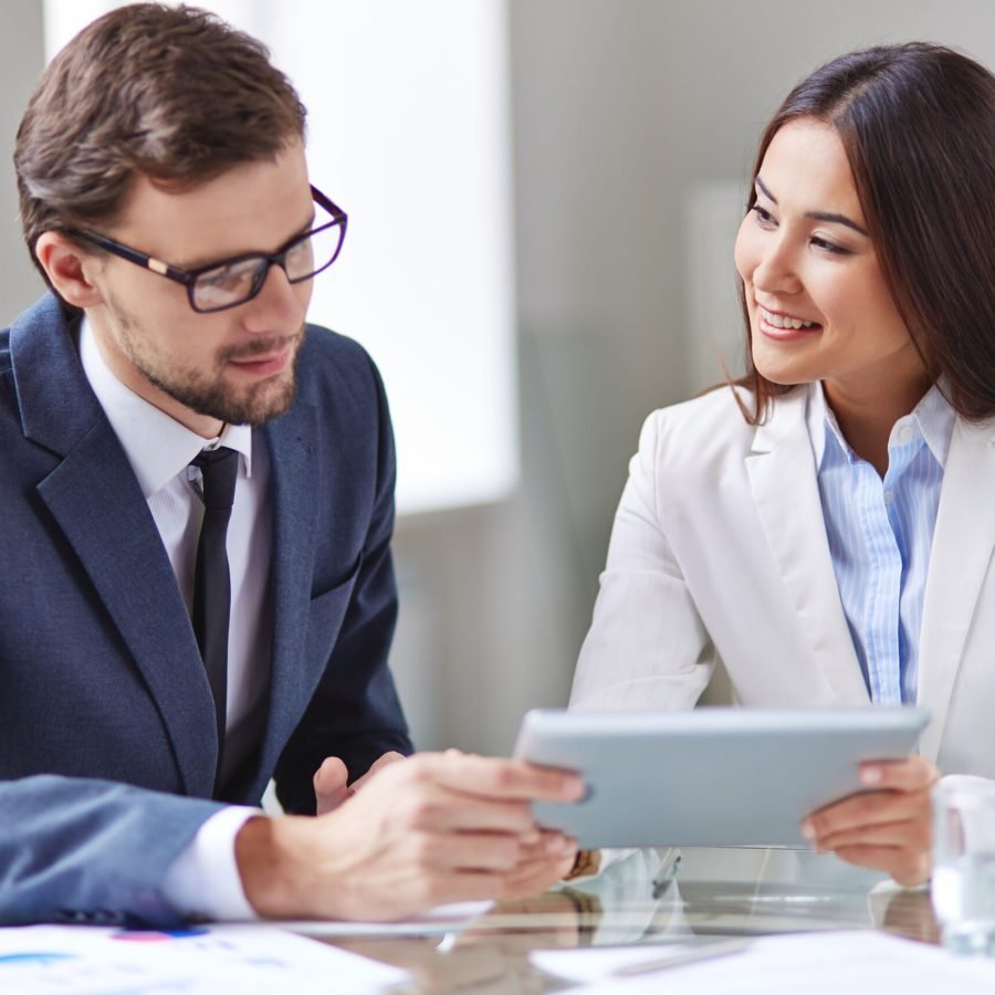 Portrait of smart businesswoman and businessman networking in office